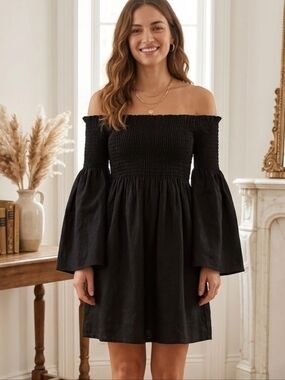 Zara Black Linen Off The Shoulder Smocked Mini Dress Bell Sleeve Small